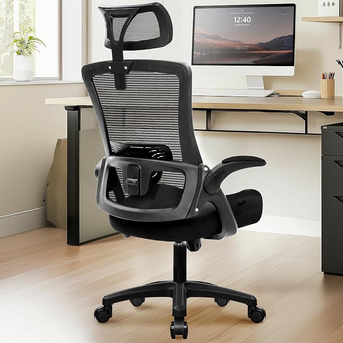 NEO CHAIR Office Desk Chair with Ergonomic High Back Mesh Headrest, Black | Adjustable Headrest and Lumbar Support with Flip-Up Armrests Designed for Extended Sitting Comfort While Saving Space
