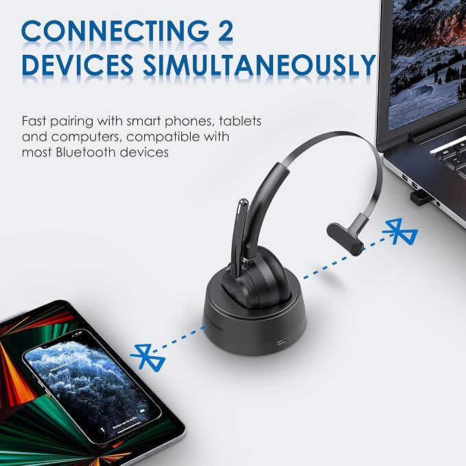 Mopchnic Bluetooth Headset, Wireless Headset with AI Noise-Canceling Microphone, On Ear Wireless Headset with USB Dongle for Work from Home Computer Office