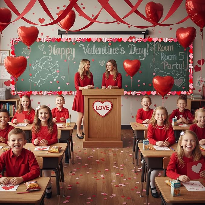 32.8 Ft Heart Bulletin Board Border Valentine Scalloped Trim Decor | Red Pink Hearts for Classroom Office, Fiesta Bulletin Trim, Mother's Day Wedding Party, Scalloped Paper Border