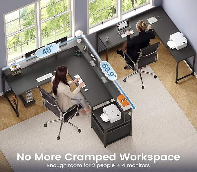 SEDETA 66" Reversible L Shaped Computer Desk with Power Outlet, File Drawer | Home Office Desk with Monitor Shelf, Storage Shelves, LED Lights for Corner Small Spaces, Gaming, Black
