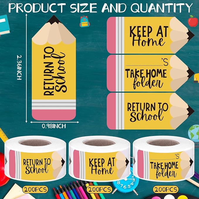 600 Pcs Take Home Return to School Labels,Pencil | 3 Rolls Thermal Printed, Student Homework Folder Stickers, Keep at Home Label, Classroom Office Organization