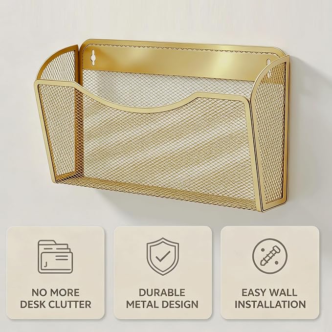 Gawerk Mesh Hanging Wall File Holders, Metal Vertical Wall Basket Mail Organizer for Office/Home (Gold, 6 Pack Wall Mounted)