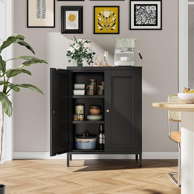 Bevivog Small Bathroom Storage Cabinet, Black Metal Locker Cabinet with 2 Doors and 2 Adjustable Shelves, Metal Floor Cabinets Sideboard for Home Office, Living Room, Hallway, Entryway