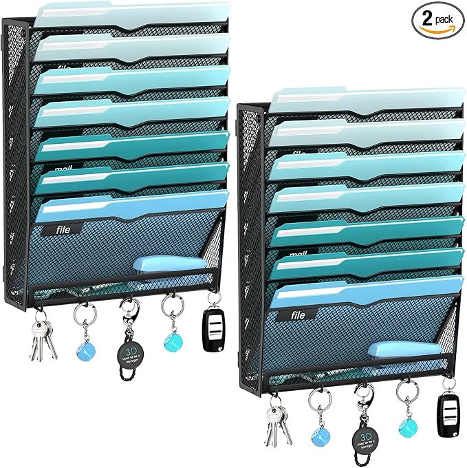 8-Tier Wall File Organizer and Mail Organizer with 5 Hooks, 2 Pack | Label slots, curved openings, 5 key hooks, and a bottom tray support organized mail, file, and everyday item storage.