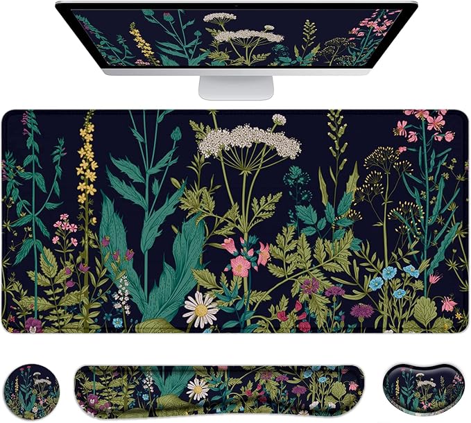 Large Mouse Pad with Wrist Rest, 4-in-1 Wrist Rest for Keyboard and Mouse | Non-Slip Waterproof Desk Mat Set, 35.4"x15.7" Desk Mat+Keyboard Wrist Rest+Mouse Wrist Support+Cup Coaster for Home Office