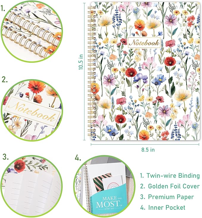 Spiral Notebook - Ruled Notebook/Journal, Lined Journal, 8.5'' x 10.5'', 55 Sheets/110 Pages, Journal for Women, Journal with Spiral Bound, Thick Paper, Back Pocket, Perfect for Office & School
