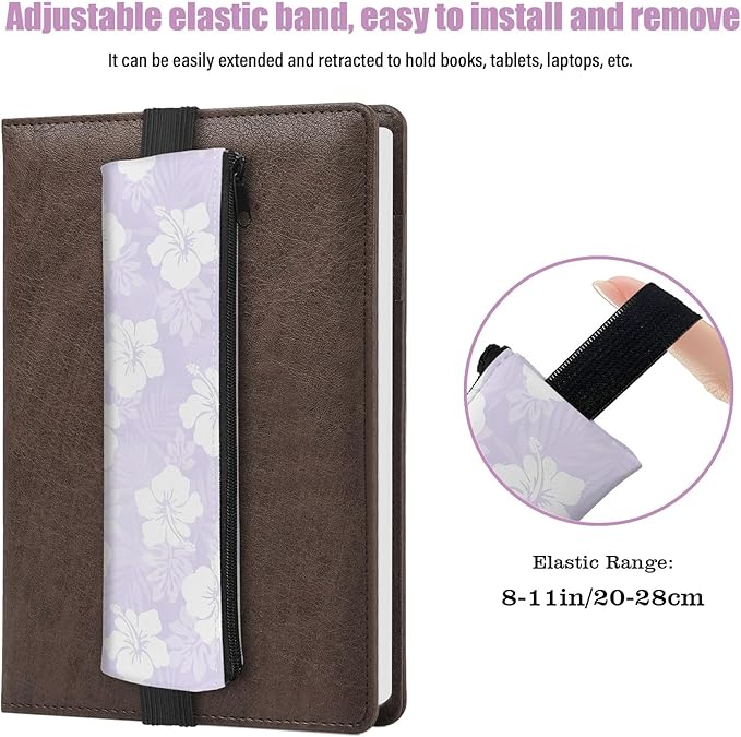 4 Pack Elastic Pen Holder for Notebook, Prints Pen Pouch with Elastic Band and Zipper, Leather Pen Holder for Planners, Journals, Book (Hibiscus)
