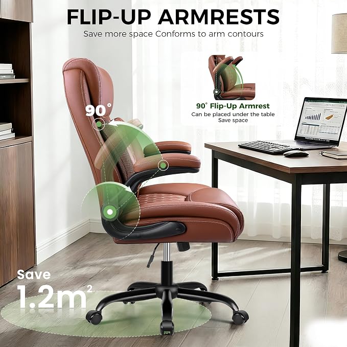 Office Chair, Ergonomic Executive Desk Chair with Lumbar Support for Lower Back Pain Relief, Padded Flip-Up Armrests, Leather Home Office Chair, Brown