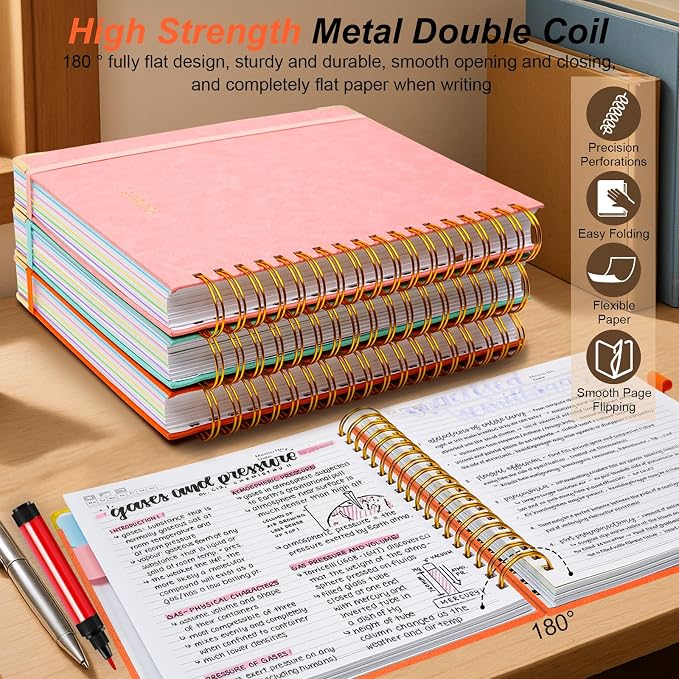 Hardcover Spiral Notebook 8.5"x11" Journal Notebook with Tabs and Removable Dividers 300 Pages 5 Subject Notebook College Ruled, Faux Leather Spiral Bound Notebook for Women School Work (Orange)