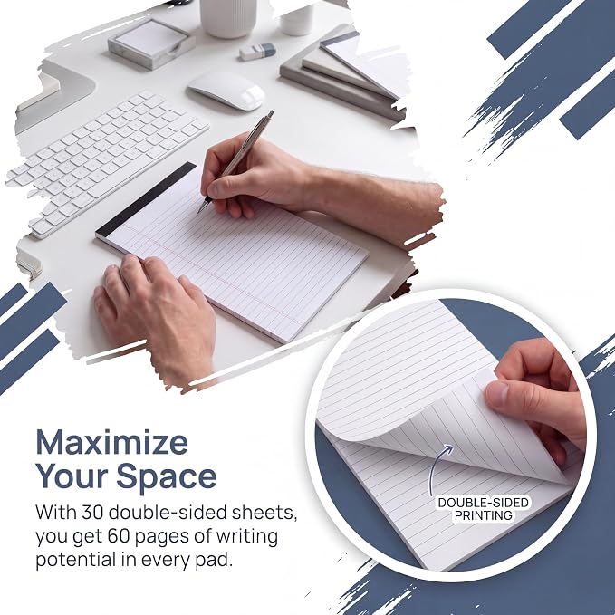 6 Pack Small Legal Pads 5x8 College Ruled White Note Pads 5x8 Writing Pads | White Legal Notepads 5x8, Lines Note Pads of Paper 80gsm Narrow Ruled White Paper Pads 5x8 - 30 Sheets/Pad