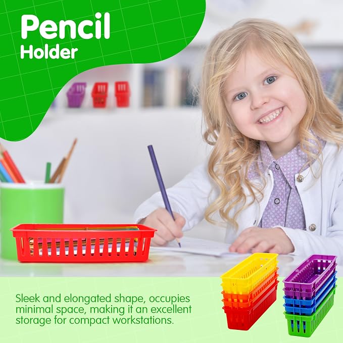 4E's Novelty 12 Pack Pencil Holder for Kids Desk, Colorful Plastic Pen Baskets Tray for Organizing Classroom Supplies, Plastic Caddy for Desk and Elementary Teacher Supplies for Classroom
