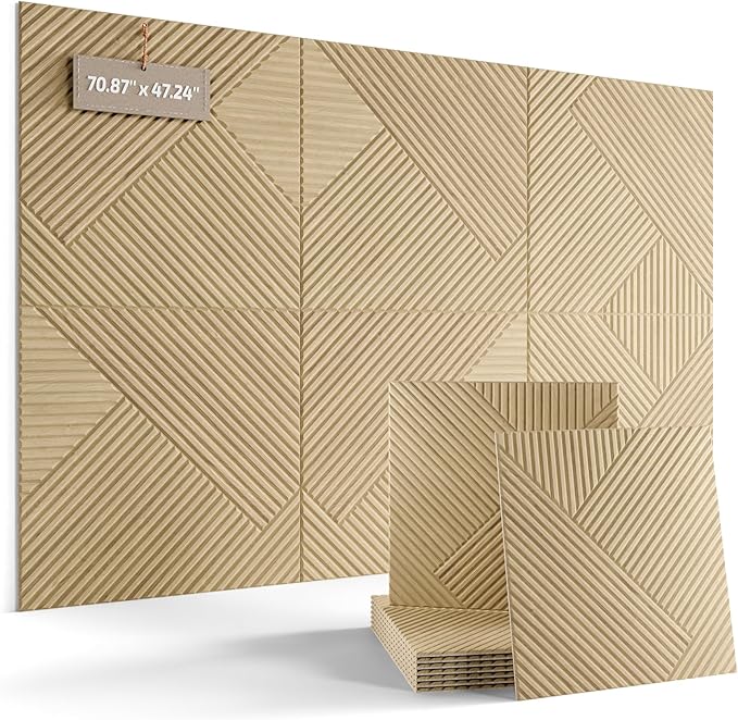 Fluxynara Large Felt Bulletin Board,Cork Board Alternative 70.87'' x 47.24'' Art Acoustical Wall Panels-6 Pack with 60 Adhesive Tabs,for Recording Studio/Home Offices-Natural Oak/Diamond Chevron