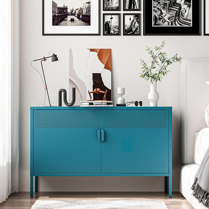 Washsemba 2 Door Storage Sideboard, Metal Storage Cabinet with 2 Adjustable Shelf,Multipurpose Metal Accent Cabinet for Office Home,Music Studio (Peacock Blue, 25''H)