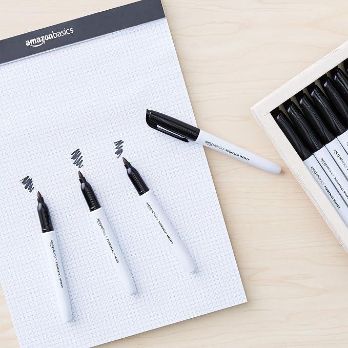 Amazon Basics Fine Tip Permanent Markers for Writing, Drawing, Quick Drying, Office, School, and Home Use, Black, 12 Pack