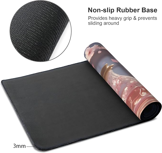 Cute Anime Black&White Cat Gaming Mouse Pad, Pink Dreamy Desk Mat with Anti-Slip Base & Stitched Edges,35.4" x 15.7" in Table Mat for Computer Desktop, Beautiful Workstation Decor
