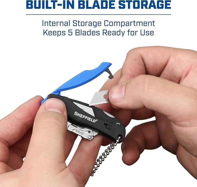 Sheffield 12125 Mini Box Cutter & 5 Blade Storage Compartment and Key Chain | Sheffield Utility Knife, Mini Utility Knife with Aluminum Handle for Home, Office, Trades, and Warehouse
