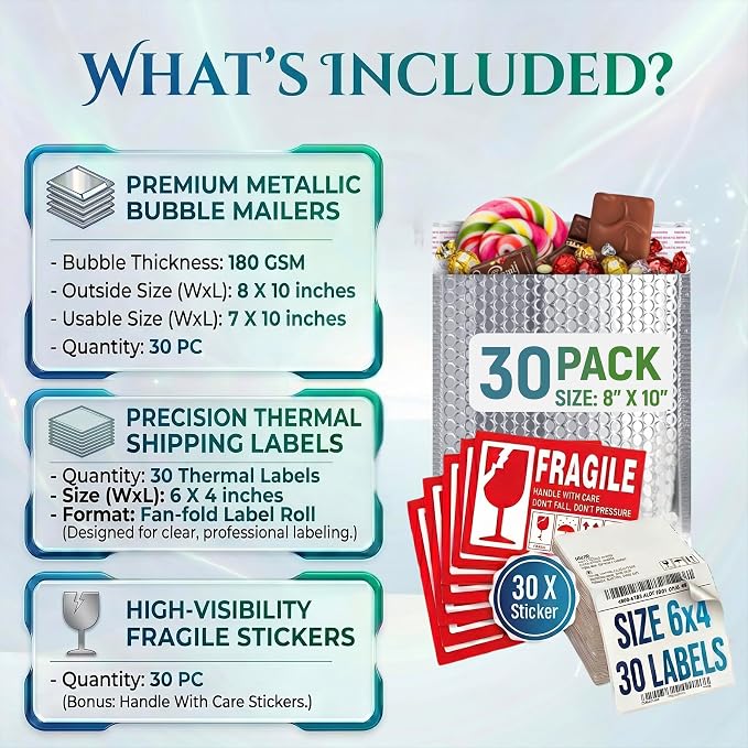 Thermal Mailers 8x10 Inch (30 Pack) with Thermal Labels & Fragile Stickers - Insulated Bubble Mailers for Cold Shipping - Waterproof Self-Seal Insulated Bags - Cold shipping supplies