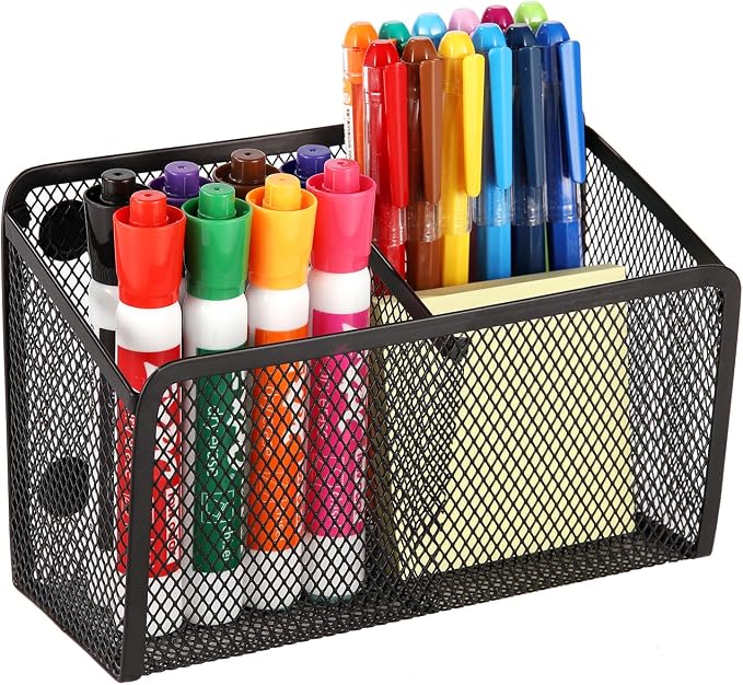 Magnetic Pencil Holder Whiteboard Pen Holder Locker Accessories (2-Slot*1) | Locker Organizer, Desk Organizer, Teacher Supplies, Mesh Basket, Strong Magnets, Black, For Fridge School Office Home