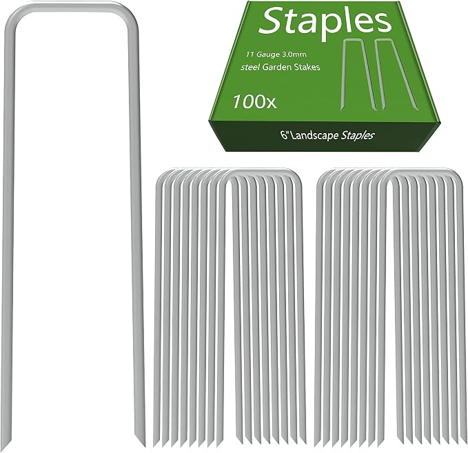Landscape Staples 6 Inch Galvanized Anti-Rust Garden Stakes 11 Gauge | 100 Pack Sod Yard Pins Heavy Duty Lawn Stake for Fence, Weed Barrier Fabric, Ground Cover, Ground Decorations, Chicken Wire