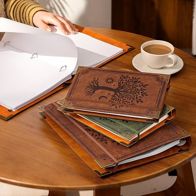 Leather 3 Ring Binder Fits 8.5"x11" Letter Size Paper, 1 Inch Round Ring Binder Holds 200 Sheets, Notepad Paper Cover Loose Leaf Organizer, Brown Tree