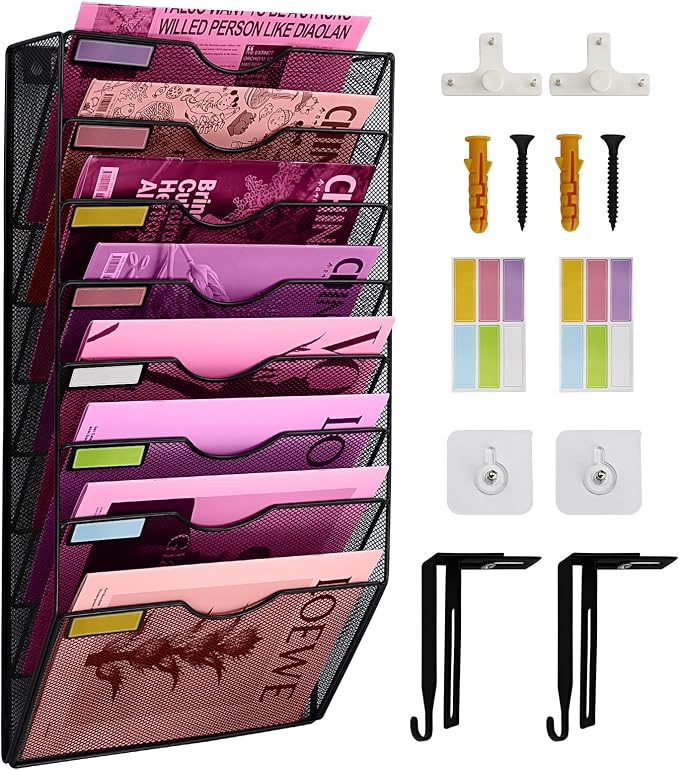 8 Pockets Mesh Wall File Holder Organizer Office Hanging File Folder Magazine Rack, Nametag Label Hooks Set Included (Black)