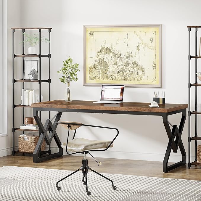 Tribesigns 63-inch Executive Desk, Large Office Computer Desk with Extra Thick Wooden Tabletop and Metal Frame, Modern Simple Workstation Writing Table Study Desk for Home Office, Vintage Brown