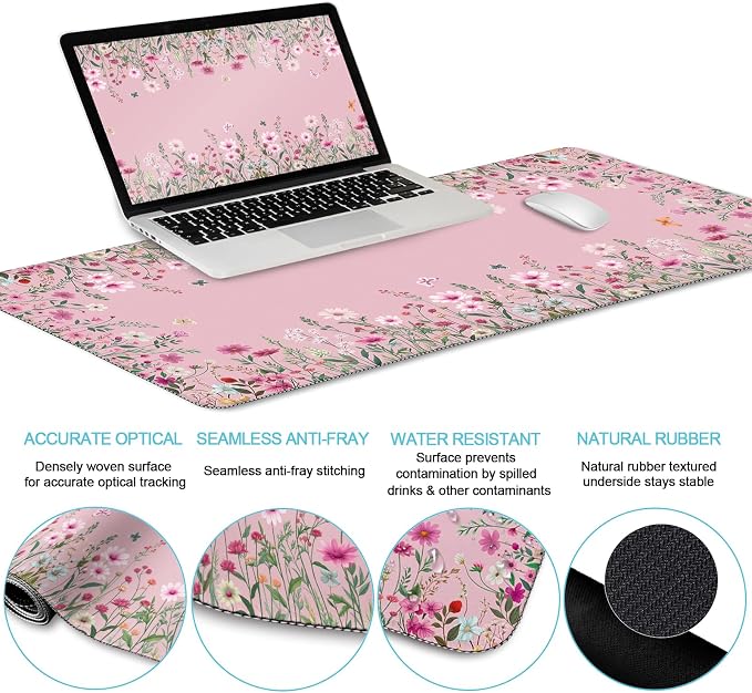 LIMKRIAN Floral Desk Mat Set, Cute Pink Desk Accessories Gifts for Women | Mouse Pad with Gel Wrist Rest, XXL Large Desk Pad, Ergonomic Keyboard Wrist Support, Stitched Edges, Cup Coaster, Desk Decor