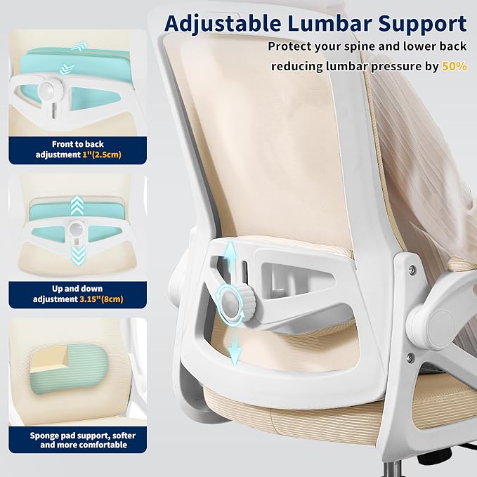 Ergonomic Office Chair Desk Chair with Adjustable Lumbar Support | Mesh Computer Chair Home Office Desk Chair with Flip-up Armrests Executive Task Chair Comfy Mesh Gaming Chair (Buff Beige)