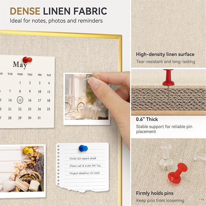 Whiteboard Bulletin Board Combo, 24"x18" Dry Erase Linen Cork Board | Magnetic, Gold Aluminum Frame, Beige Linen Pin Board, Wall Mount, Vertical & Horizontal, for Home Office Kitchen Dorm