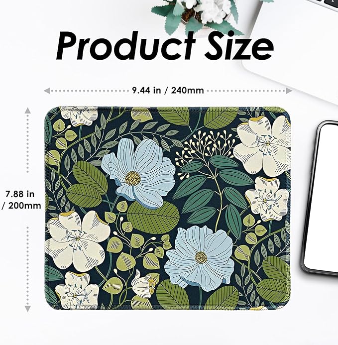 Mouse Pad with Stitched Edges - Cute Floral Mousepad Set for Women, 9.25 x 7.75 inch Washable Desk Pad, Non-Slip Rubber Base, Office Home Laptop Accessories - Olive Floral-2 Pack
