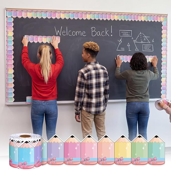 Gersoniel 69 ft Pastel Pencil Bulletin Board Borders Pencil Bow Die-Cut Border Trim Roll Back to School Classroom Decorations for Teacher Blackboard Chalkboard Offices Home Walls