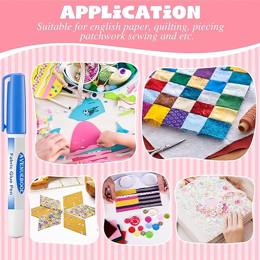 2 Fabric Glue Pen with 4 Refill, Washable Temporary Fabric Sewing Adhesive, Temporary Blue Glue Stick for English Paper, Quilting, Piecing Patchwork Sewing