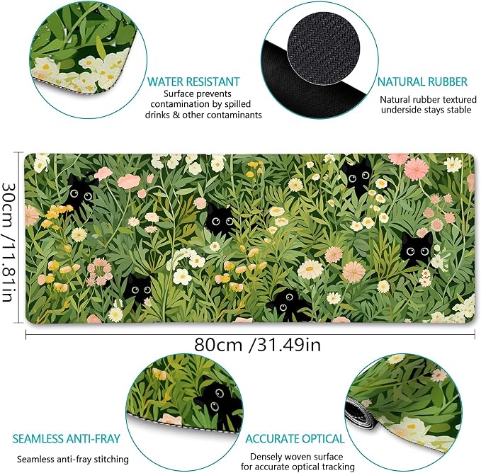 LIMKRIAN Anime Cat Mouse Pad, Green Desk Matt for Desktop, 31.5x11.8 in | Large Mouse Pads for Desk Gaming Computer Laptop, Stitched Edges, Non-Slip, Cute Green Office Desk Accessories for Women