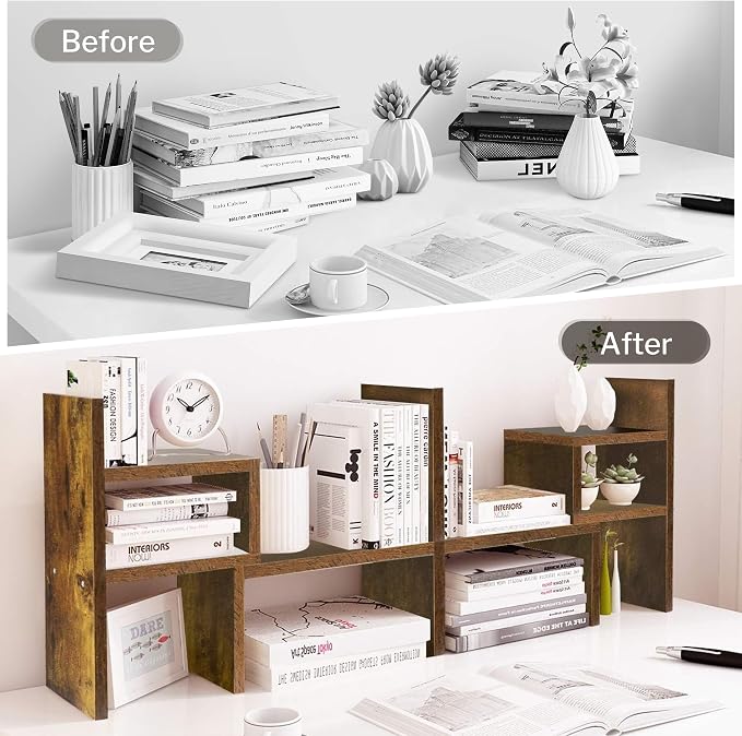 Jerry & Maggie Adjustable Wood Desktop Display Shelf Natural Wood Tone | Wooden Desk Organizer, Cute Dorm & Cubicle Decor. Stores Makeup & Mini Plants, Space-Saving Storage for Small College Rooms