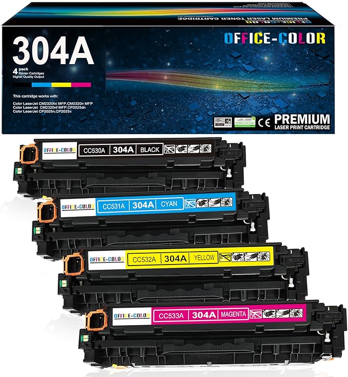 304A Toner Cartridges 4-Pack Replacement for HP 304A CP2025 CM2320 | Works with HP Color Laser CP2025,CM2320fxi MFP,CM2320nf MFP,CM2320n MFP; CP2025dn,CP2025n Printers Black,Cyan,Magenta,Yellow