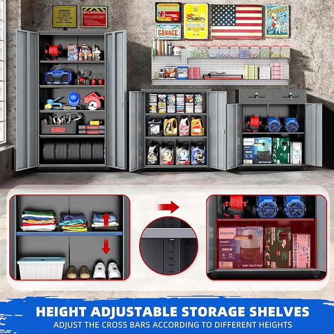 Metal Storage Cabinet,72" Locking Steel Cabinets with 2 Doors and 4 Adjustable Shelves,Tall Steel Storage for Home Office, Garage,Warehuse (Black Grey)