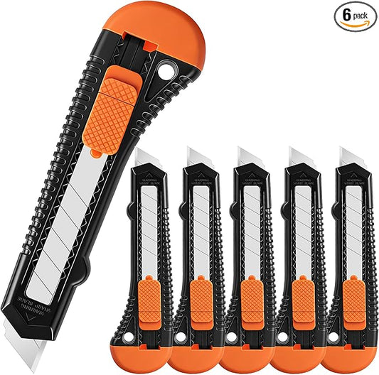 6-Pack Utility Knife Retractable, Retractable Box Cutter for Boxes, Cardboard and Cartons, 18mm Sharp Blade for Office and Home use