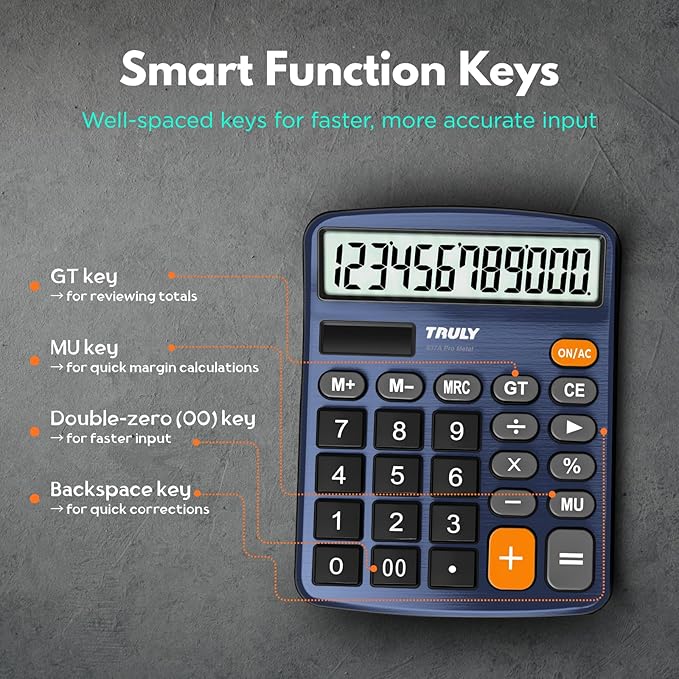 TRULY 12 Digits Desktop Calculator with Large LCD Display and Sensitive Button, Dual Solar Power and Battery, Standard Function for Office, Home, School, Metal Body, 837A Pro Blue