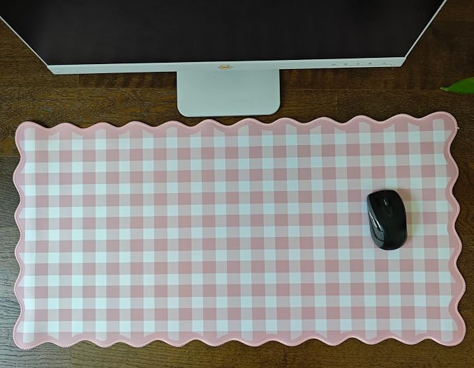 Scalloped‌ Pink Checkered Gingham Desk Mat Cute Pastel Large Mouse Pad Kawaii Cottagecore ‌Vintage‌ Girly Laptop Keyboard Computer Mat Pad Aesthetic Cozy Office Desk Decor for Women