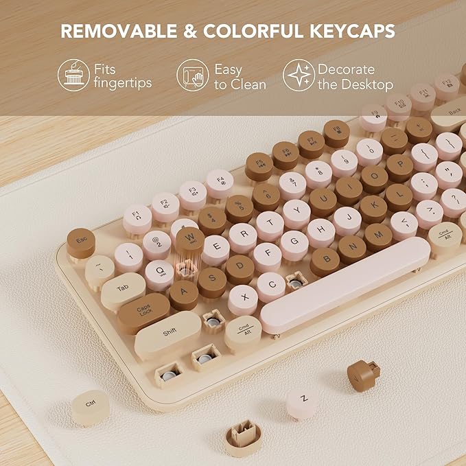 Wireless Keyboard and Mouse Combo, Round Keycaps, Full-Size Retro Typewriter Keyboard with Magnetic Wrist Rest, Tilt Legs, 2.4GHz Cordless for Mac, Windows PC, Laptop, SABLUTE CK23, Latte Beige