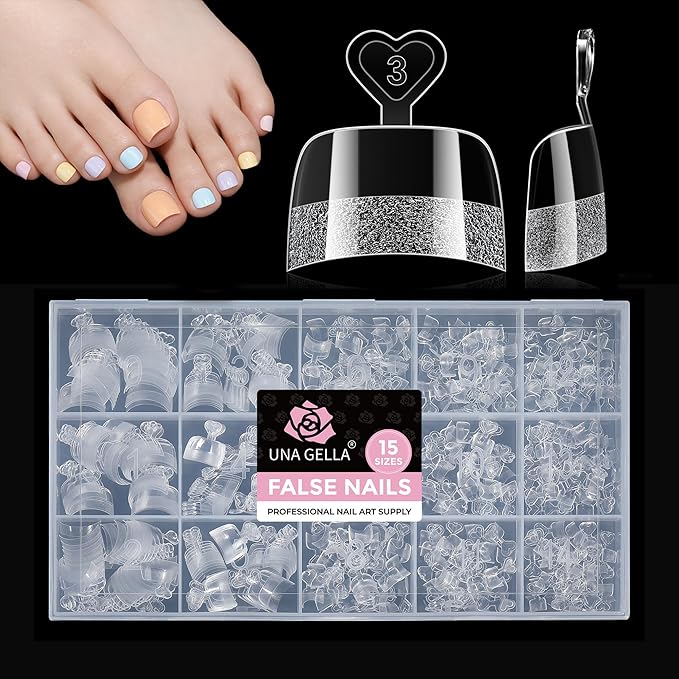 UNA GELLA Toe Nail Tips Squavol 510 Pcs - Soft Gel Nail Tips Acrylic Nails, Squave Round Half-Cover Nail Forms for Toe Nail Extension, Flexible Pre-filed False Toe Nails for Home DIY & Salon,15 Sizes