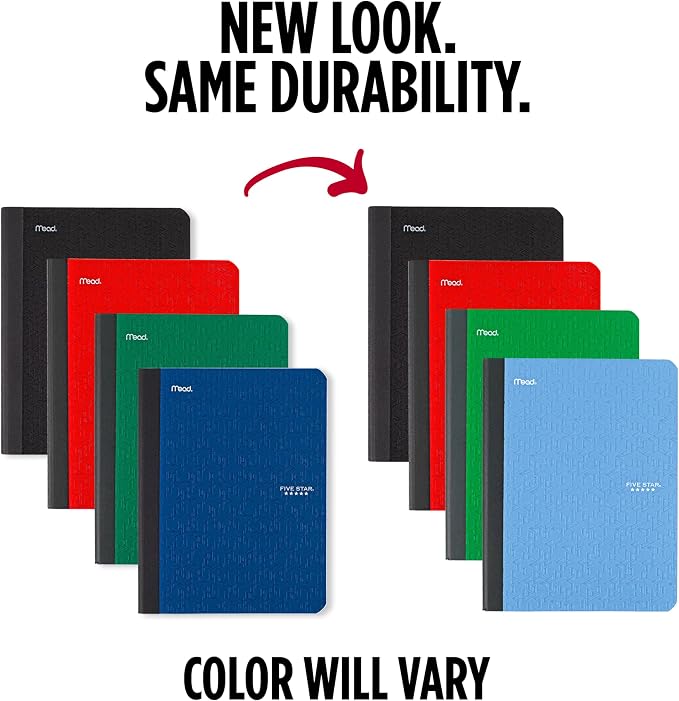 Five Star Composition Book + Study App, 4 Pack, College Ruled Paper, 7-1/2" x 9-3/4", 80 Sheets, Forest Green, Pacific Blue, Fire Red and Black (850065B-ECM)