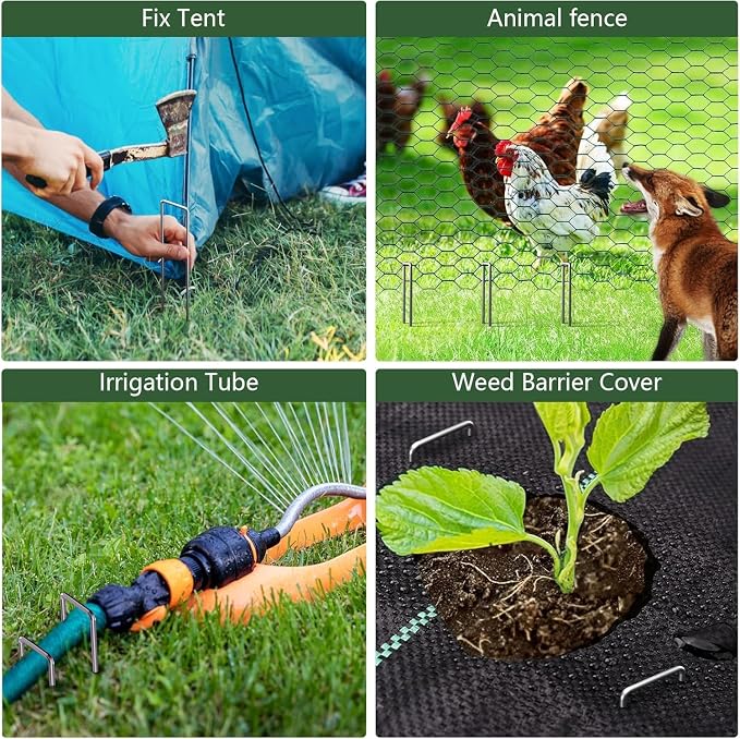 AMAGABELI GARDEN & HOME 300 Pack Galvanized Landscape Staples 8 Inch 11 Gauge Garden Staples Garden Stakes Plant Cover Stakes U-Shaped Landscape Stakes Landscape Pins for Weed Barrier Fabric