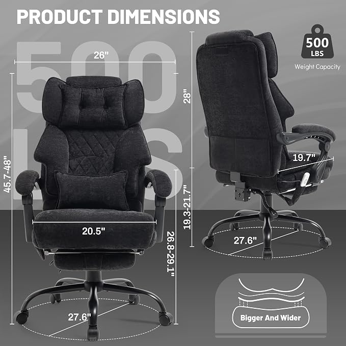 Massage Office Chair with Foot Rest,6 Points Vibration & Heat Executive Office Chairs for Heavy People,500LBS Big and Tall Office Chair,Ergonomic Reclining Desk Chair,Dual-Use Pillow,BlackCloth