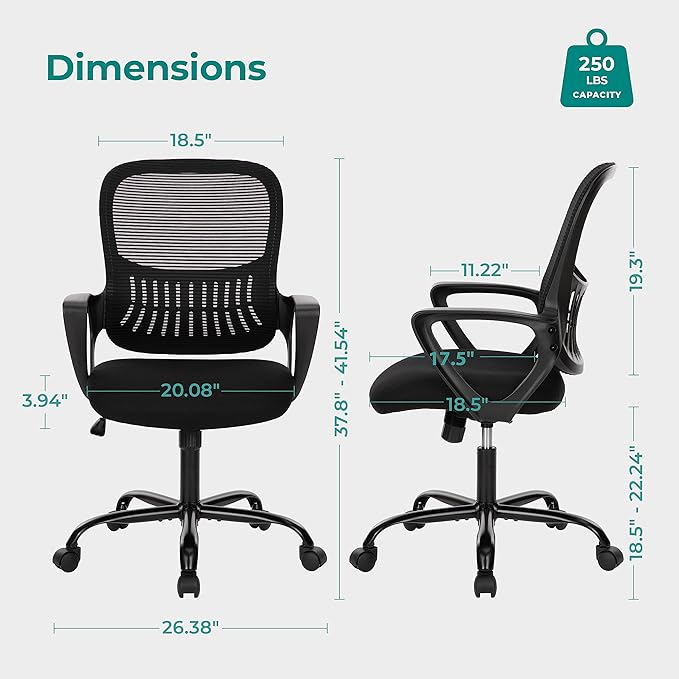 OLIXIS Home Office Chair, Mesh Desk Chair, Ergonomic Lumbar Support | Mid Back Computer Ergonomic, Height Adjustable Swivel Task, Large Seat Armrest, Adults, Black