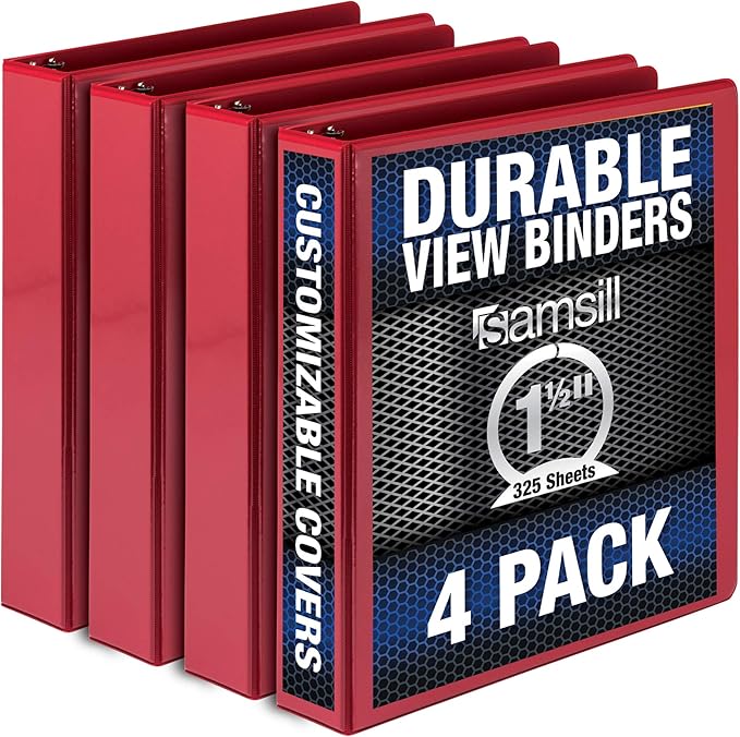 Samsill 4 Pack Durable 1.5 Inch 3 Ring Binders, Round Ring, Clear View Cover for Presentations, Red