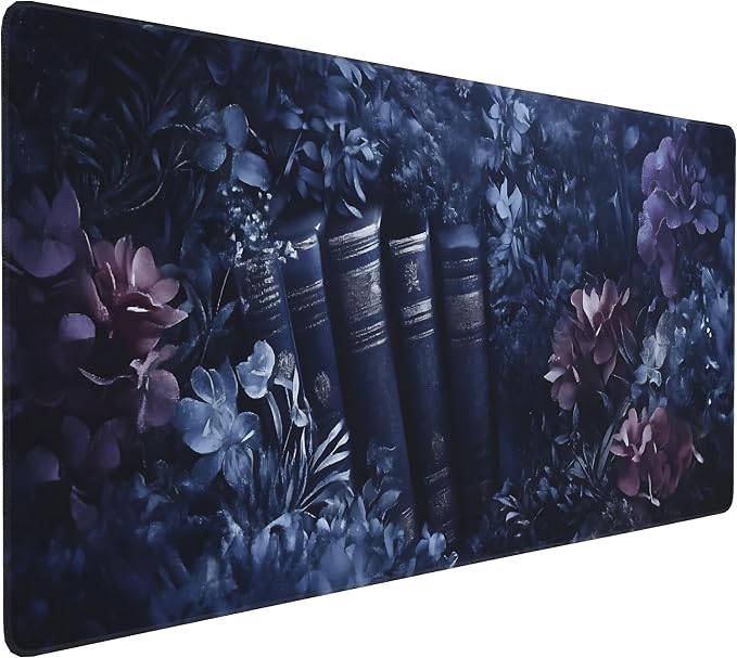 Floral Aesthetic Book Gaming Mouse Pad, Purple Dark Romanticism Desk Mat with Anti-Slip Base & Stitched Edges,35.4" x 15.7" in Table Mat for Computer Desktop, Beautiful Workstation Decor