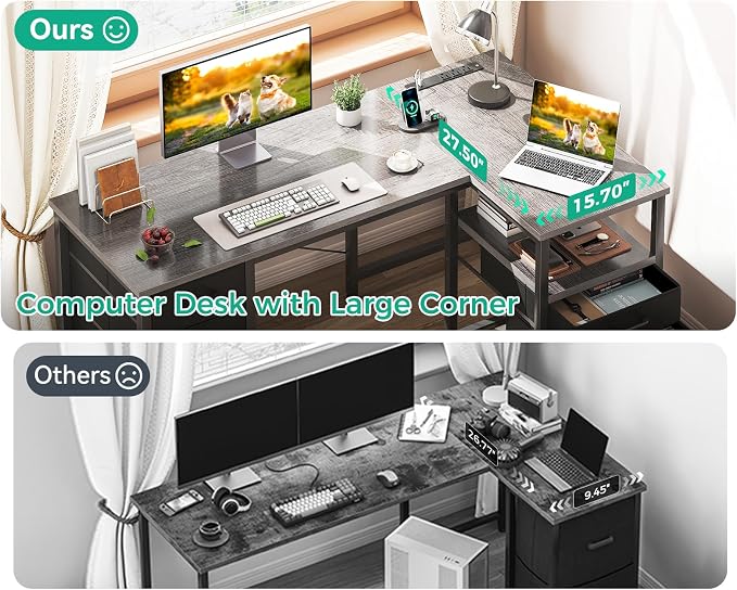 Coleshome 55 Inch L Shaped Office Desk with 6 Drawers, Power Outlet, Grey | 5 Fabric Drawers, File Drawer, USB and Type-C Ports, Open Storage Shelf, Reversible Layout for Home Office