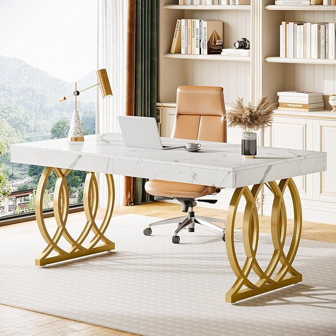 Tribesigns 63-Inch Executive Desk, Modern Office Computer Desk with Stylish Gold Legs, Rectangular Workstation for Home Office, Small Conference Table for Meeting Room (White & Gold)