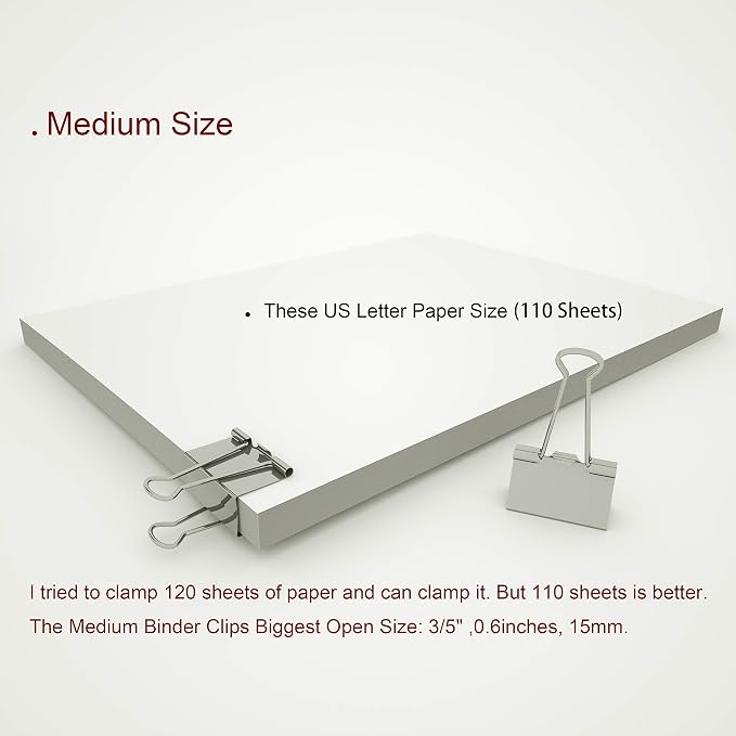 Nctinystore Binder Clips Medium Metal Clamp - 1-1/4 in (1.25 inch) (Silver, 24-Count)